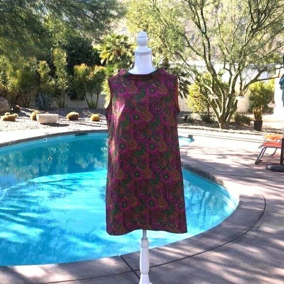 Shift Dress Womens Colorful Collared Cotton Pink Green Back Zip Contrasting Trim - Picture 5 of 12